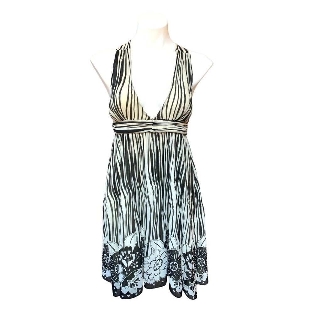 Alice+Olivia NEW! Deep V-neck Silk Dress Cross Back Pleated Floral Medium